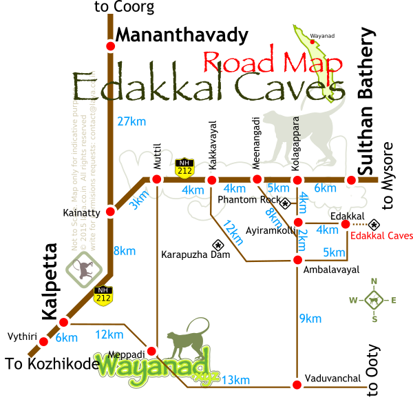 Edakkal Caves Route Map with approximate distances. 